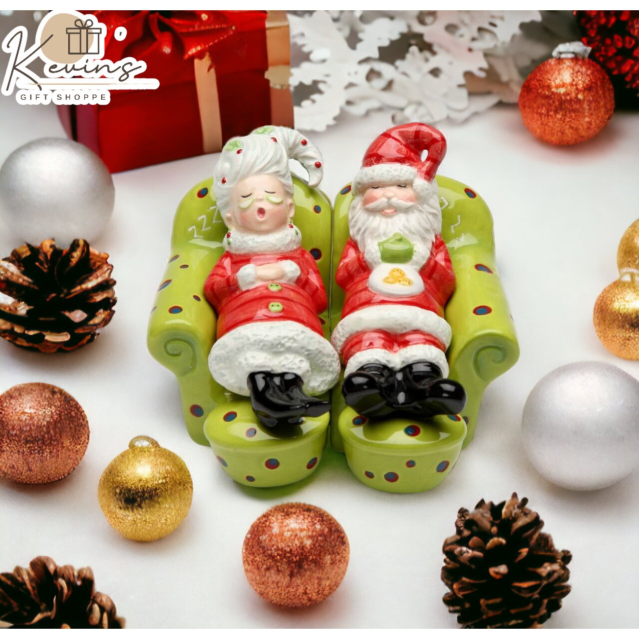 Ceramic Christmas Decor Santa and Mrs Claus Taking a Nap Salt and Pepper Shakers